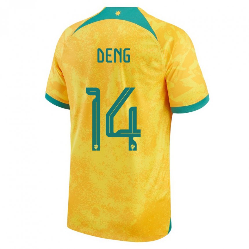 Femme Maillot Australie Thomas Deng #14 Doré Tenues Domicile 22-24 T-shirt Suisse