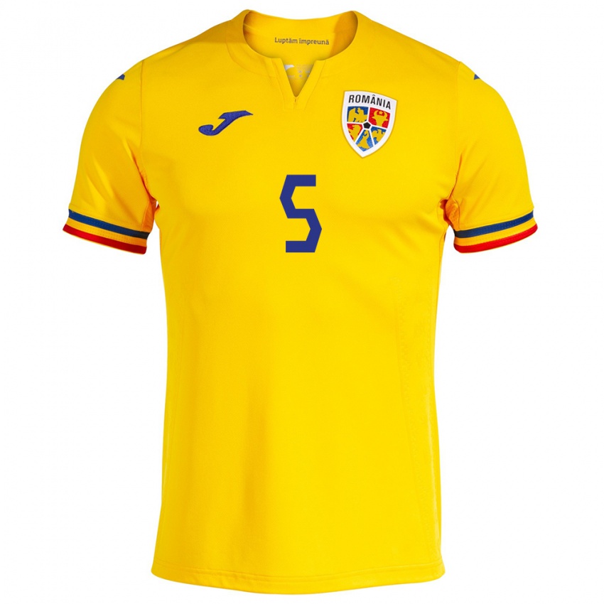 Homme Maillot Roumanie Ümit Akdağ #5 Jaune Tenues Domicile 24-26 T-Shirt Suisse