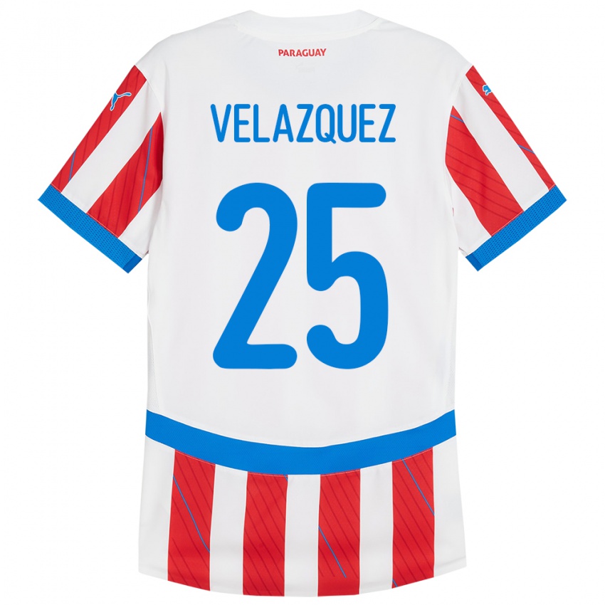 Kinder Paraguay Gustavo Velázquez #25 Weiß Rot Heimtrikot Trikot 24-26 T-Shirt Schweiz