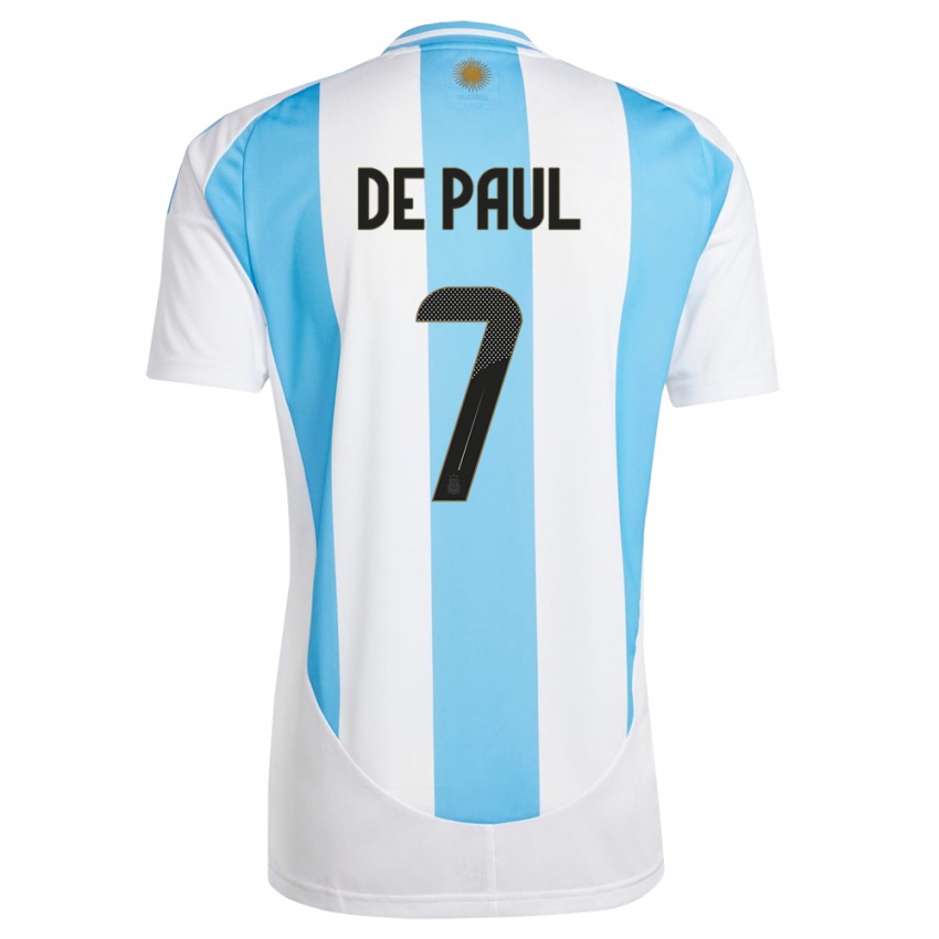 Homme Maillot Argentine Rodrigo De Paul #7 Blanc Bleu Tenues Domicile 24-26 T-Shirt Suisse