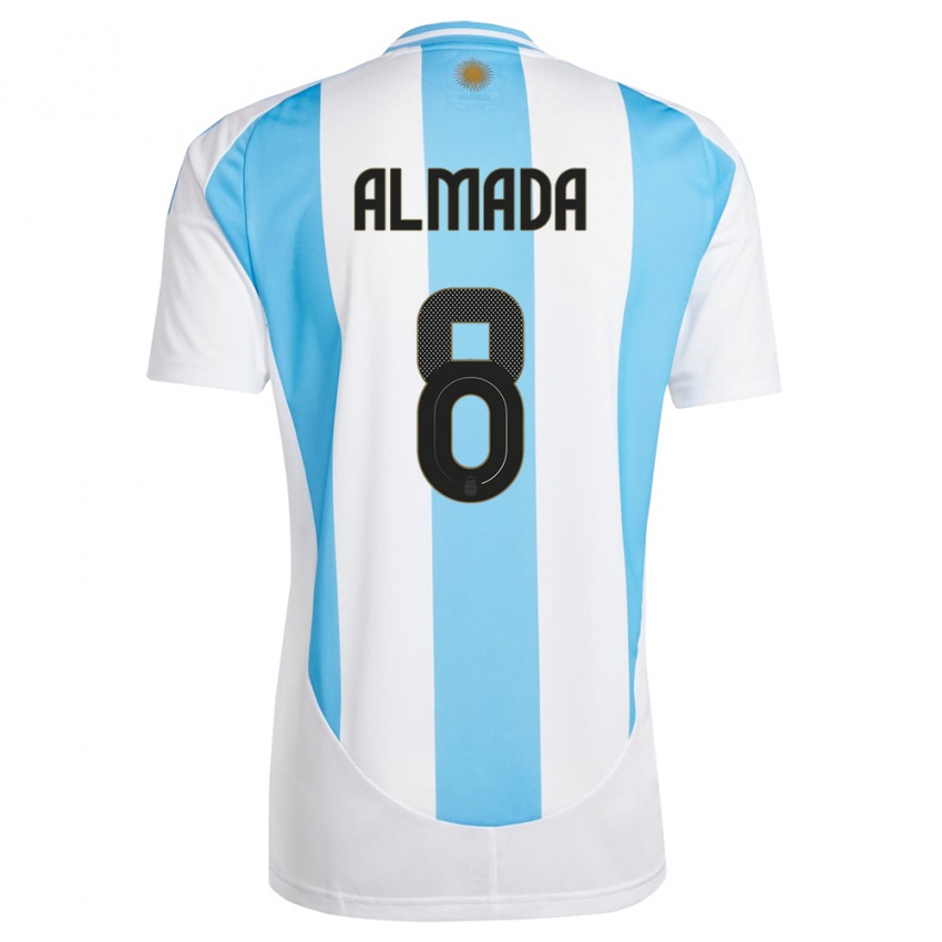 Herren Argentinien Thiago Almada #8 Weiß Blau Heimtrikot Trikot 24-26 T-Shirt Schweiz