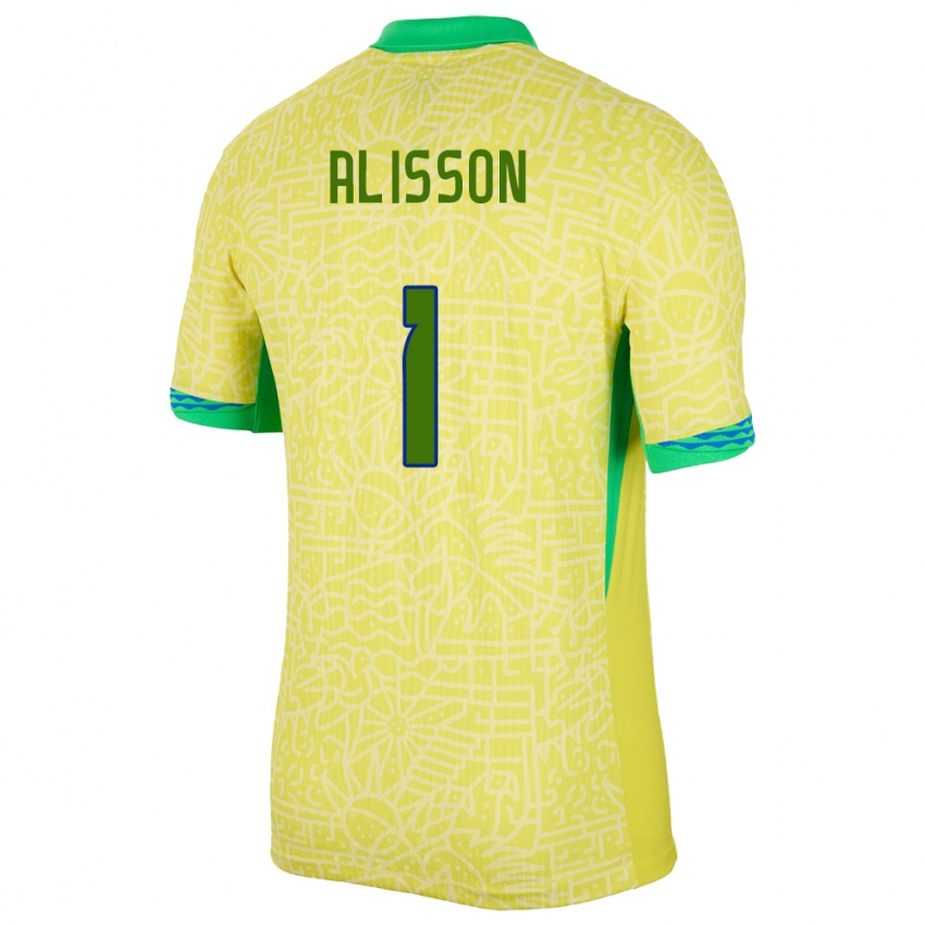 Homme Maillot Brésil Alisson #1 Jaune Tenues Domicile 24-26 T-Shirt Suisse