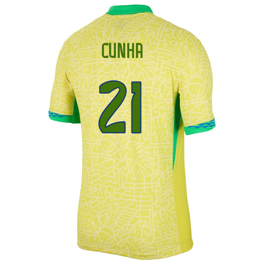 Homme Maillot Brésil Matheus Cunha #21 Jaune Tenues Domicile 24-26 T-Shirt Suisse