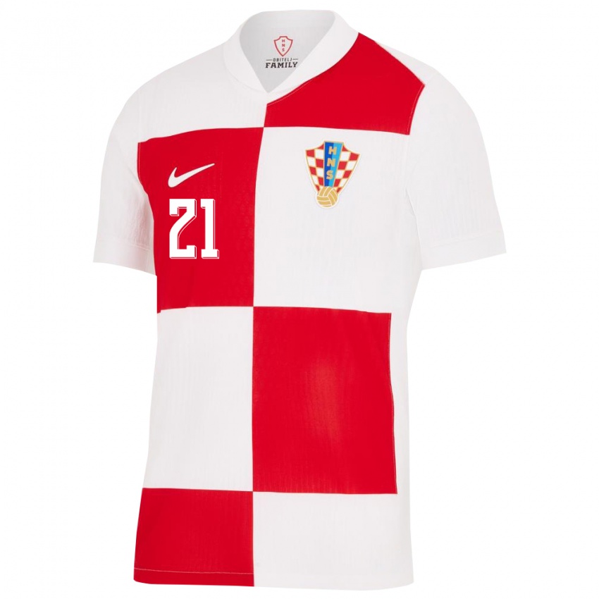 Homme Maillot Croatie Domagoj Vida #21 Blanc Rouge Tenues Domicile 24-26 T-Shirt Suisse