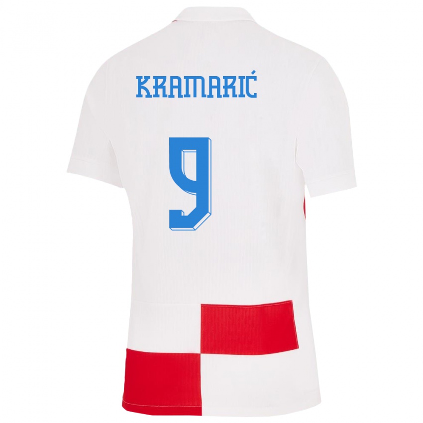 Homme Maillot Croatie Andrej Kramaric #9 Blanc Rouge Tenues Domicile 24-26 T-Shirt Suisse