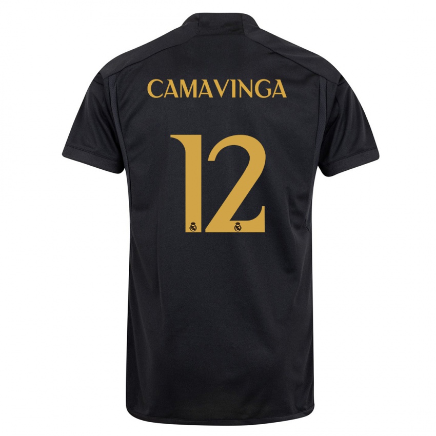 Kinder Eduardo Camavinga #12 Schwarz Ausweichtrikot Trikot 2023/24 T-Shirt Schweiz