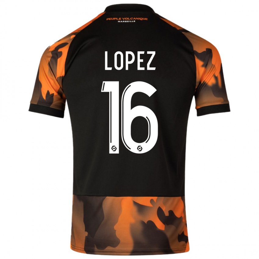 Enfant Maillot Pau Lopez #16 Noir Orange Troisieme 2023/24 T-Shirt Suisse