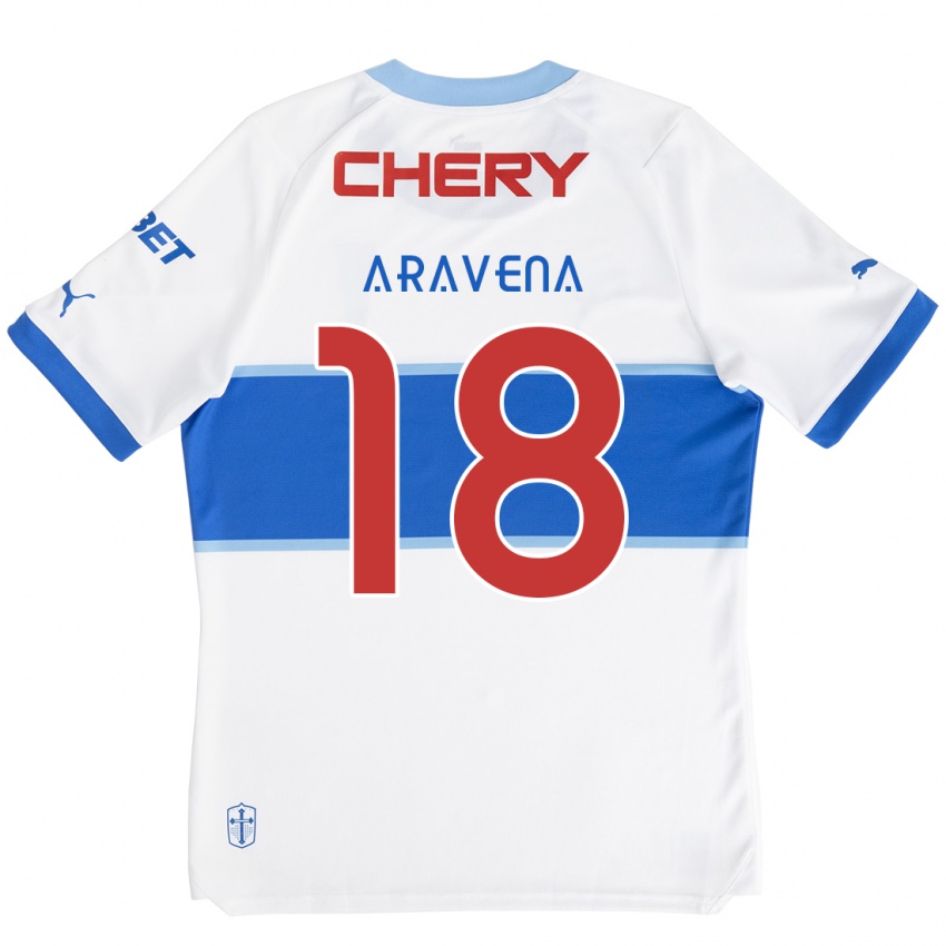 Enfant Maillot Alexander Aravena #18 Blanc Bleu Tenues Domicile 2024/25 T-Shirt Suisse