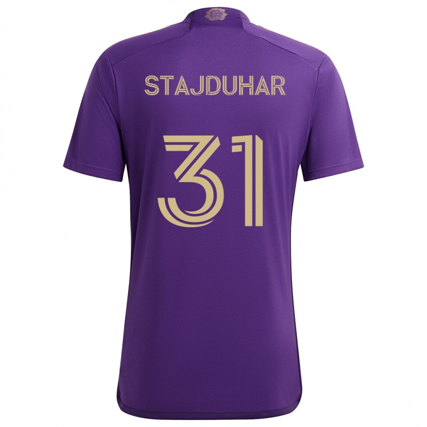 Homme Maillot Mason Stajduhar #31 Violet Jaune Tenues Domicile 2024/25 T-Shirt Suisse