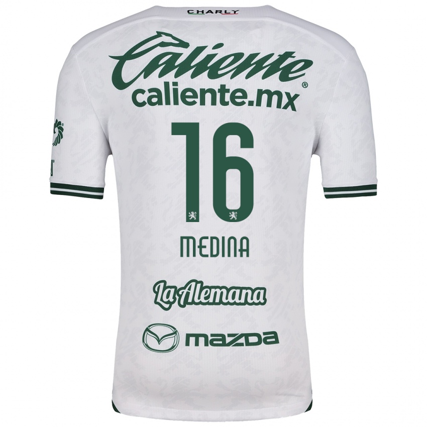 Femme Maillot Alan Medina #16 Blanc Vert Tenues Extérieur 2024/25 T-Shirt Suisse