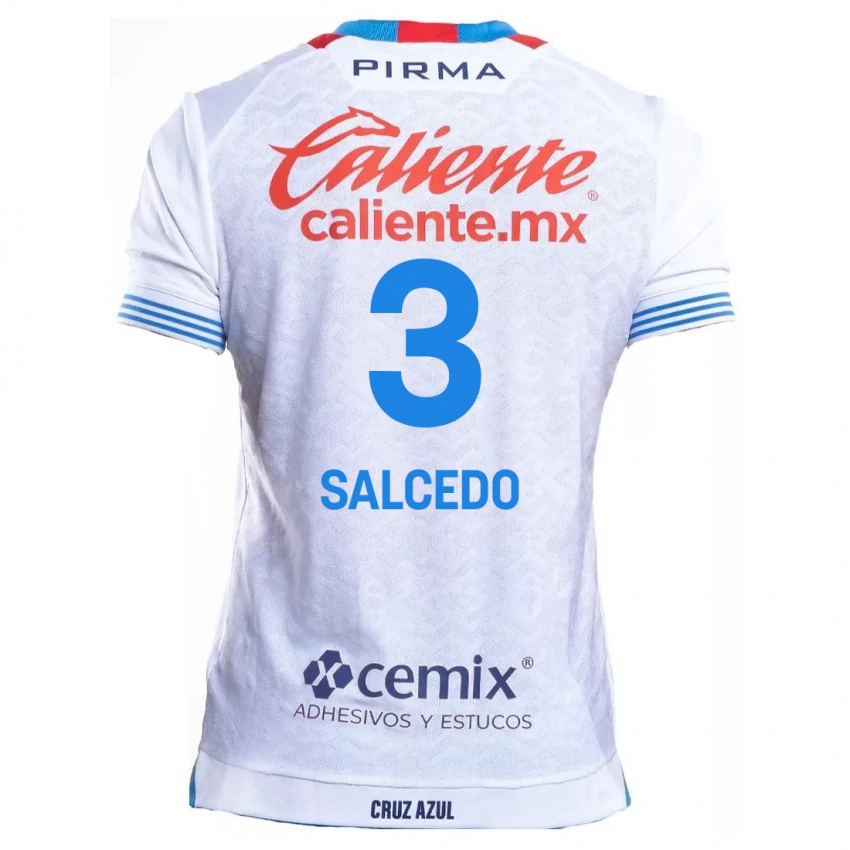 Enfant Maillot Carlos Salcedo #3 Blanc Bleu Tenues Extérieur 2024/25 T-Shirt Suisse