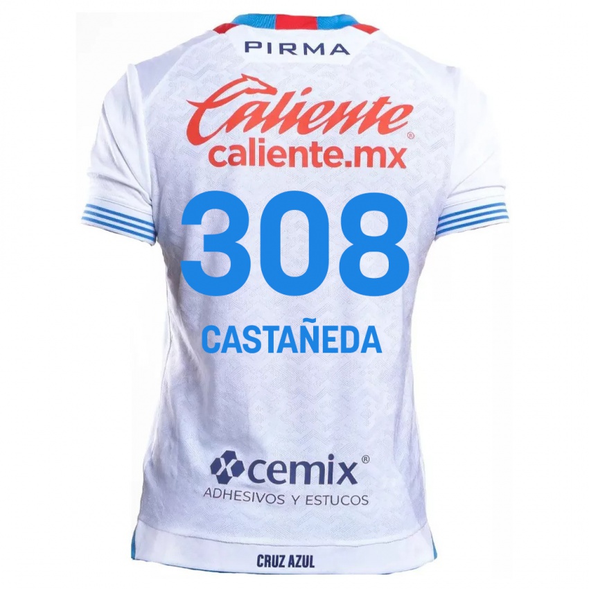 Enfant Maillot Emiliano Castañeda #308 Blanc Bleu Tenues Extérieur 2024/25 T-Shirt Suisse