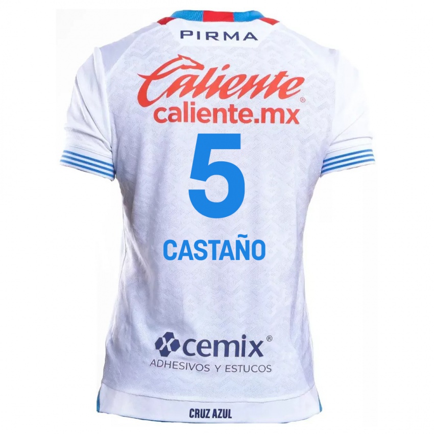 Enfant Maillot Kevin Castaño #5 Blanc Bleu Tenues Extérieur 2024/25 T-Shirt Suisse