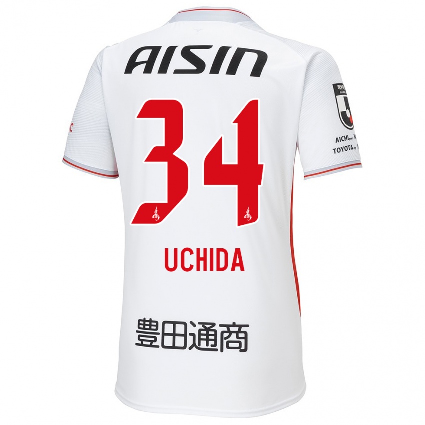 Enfant Maillot Takuya Uchida #34 Blanc Jaune Rouge Tenues Extérieur 2024/25 T-Shirt Suisse