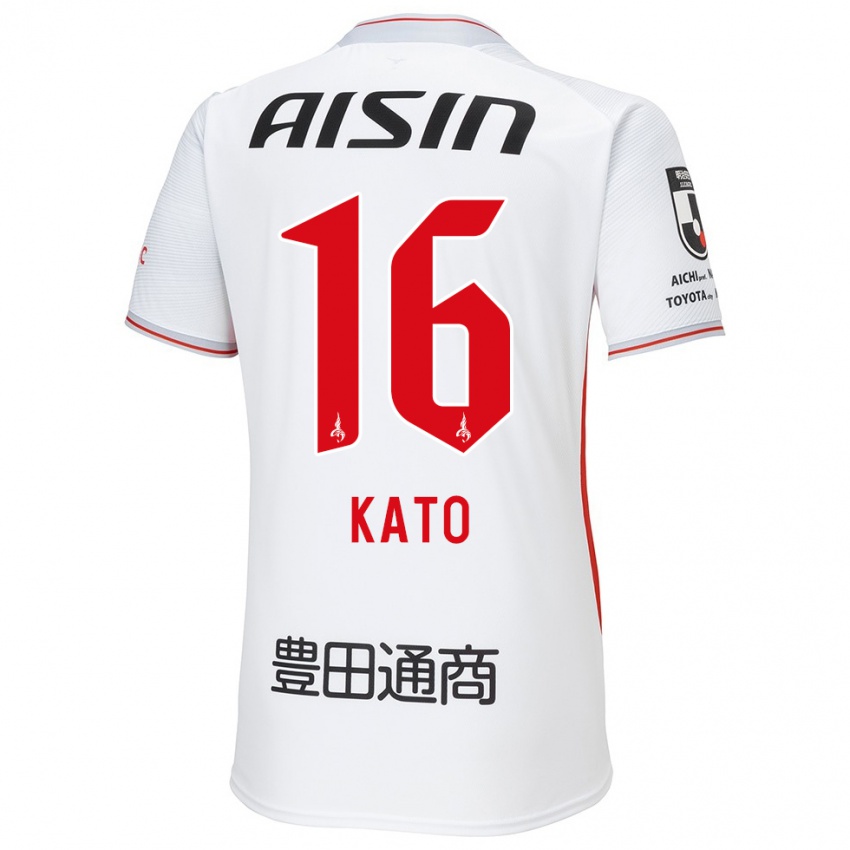 Enfant Maillot Naotaro Kato #16 Blanc Jaune Rouge Tenues Extérieur 2024/25 T-Shirt Suisse