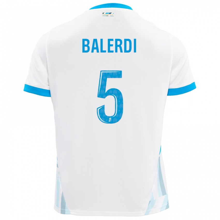 Enfant Maillot Leonardo Balerdi #5 Blanc Bleu Ciel Tenues Domicile 2024/25 T-Shirt Suisse