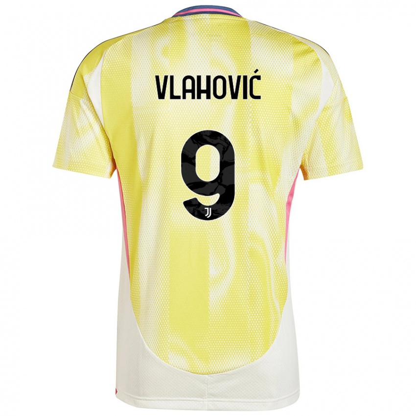 Kinder Dusan Vlahovic #9 Solargelb Auswärtstrikot Trikot 2024/25 T-Shirt Schweiz