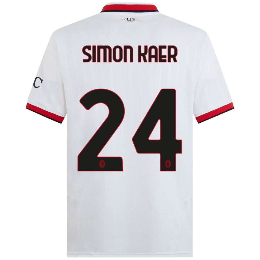 Enfant Maillot Simon Kaer #24 Blanc Noir Rouge Tenues Extérieur 2024/25 T-Shirt Suisse