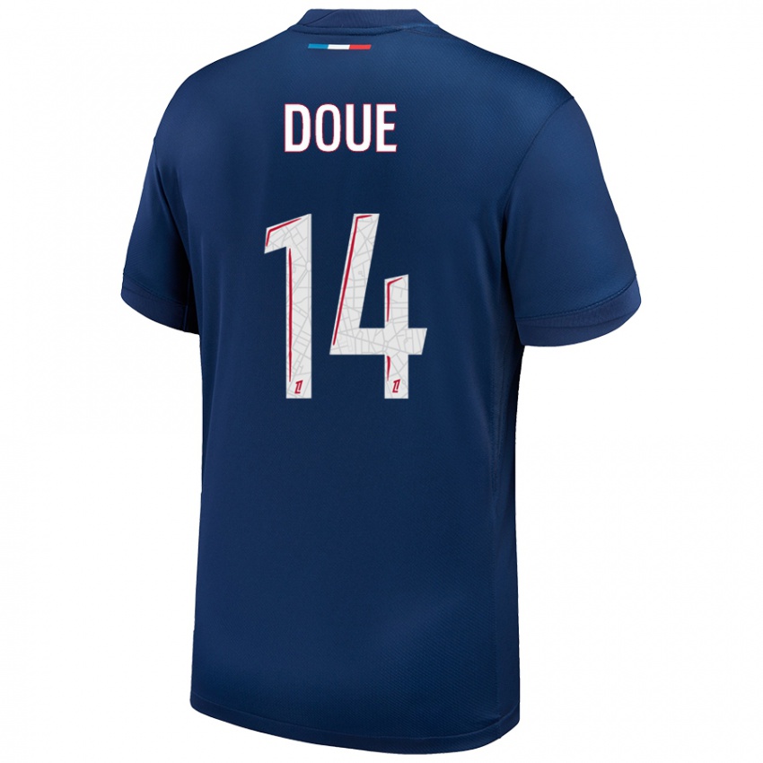 Herren Désiré Doué #14 Marineblau Weiß Heimtrikot Trikot 2024/25 T-Shirt Schweiz