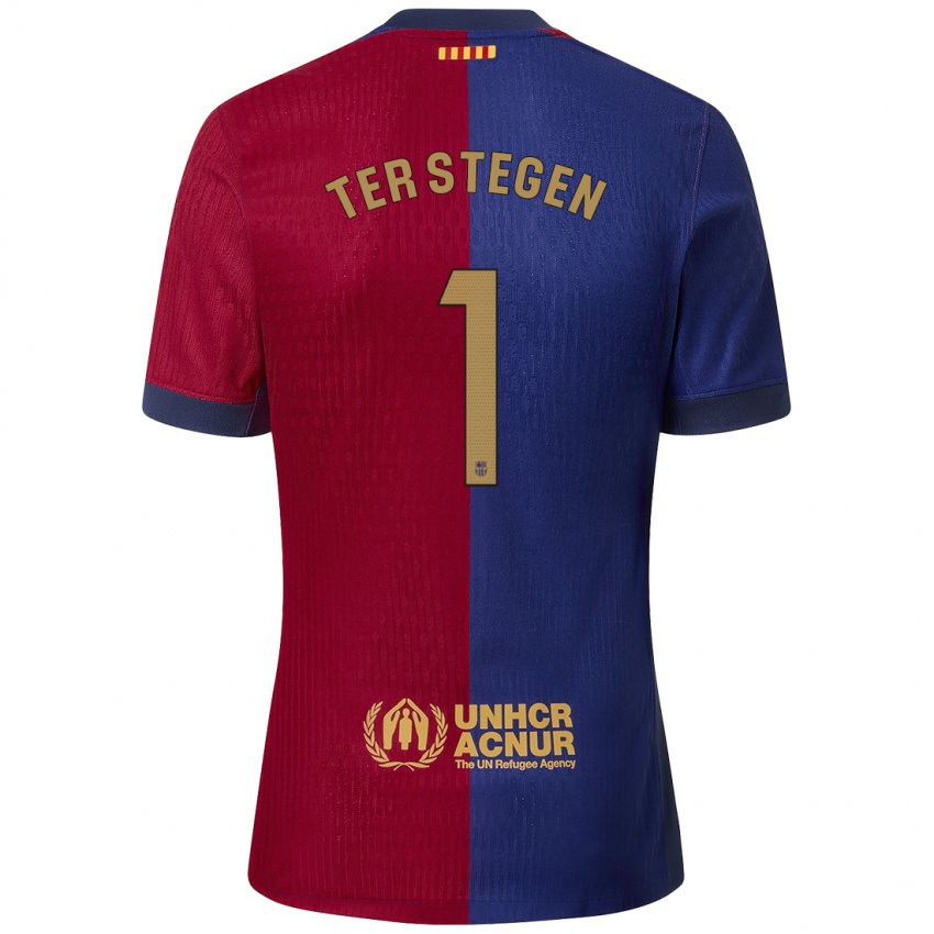 Femme Maillot Marc-Andre Ter Stegen #1 Bleu Rouge Tenues Domicile 2024/25 T-Shirt Suisse