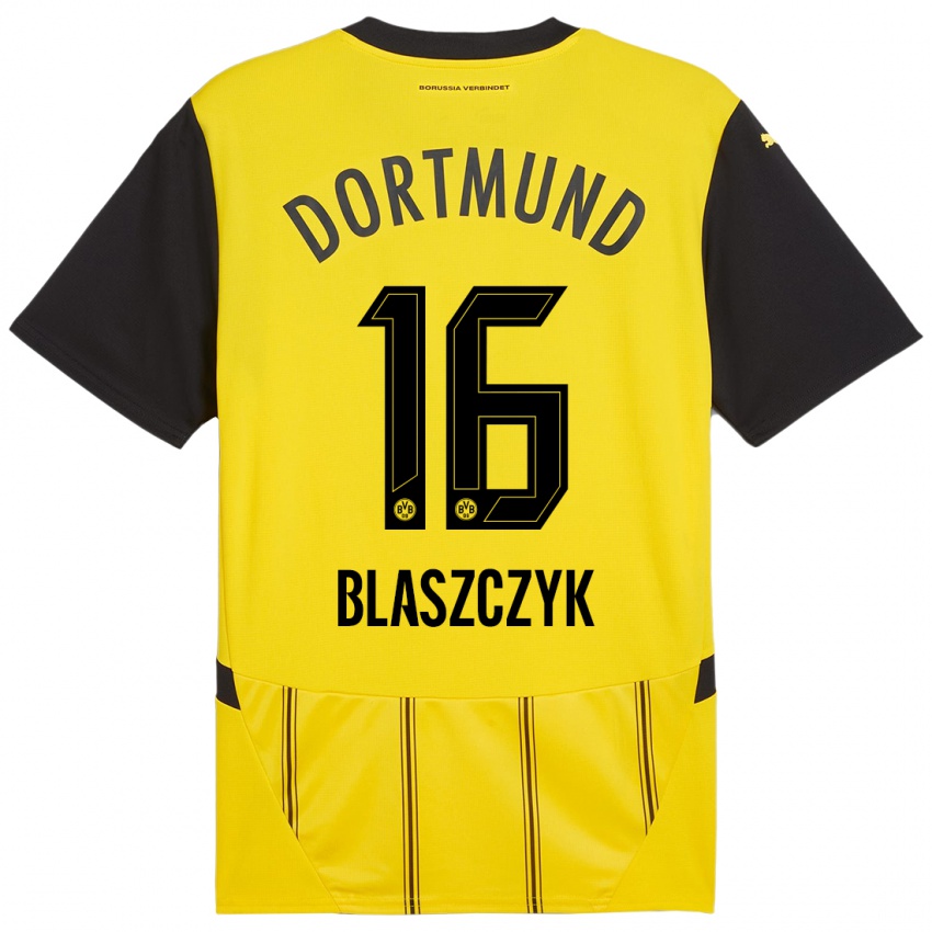 Enfant Maillot Oliwer Blaszczyk #16 Jaune Noir Tenues Domicile 2024/25 T-Shirt Suisse