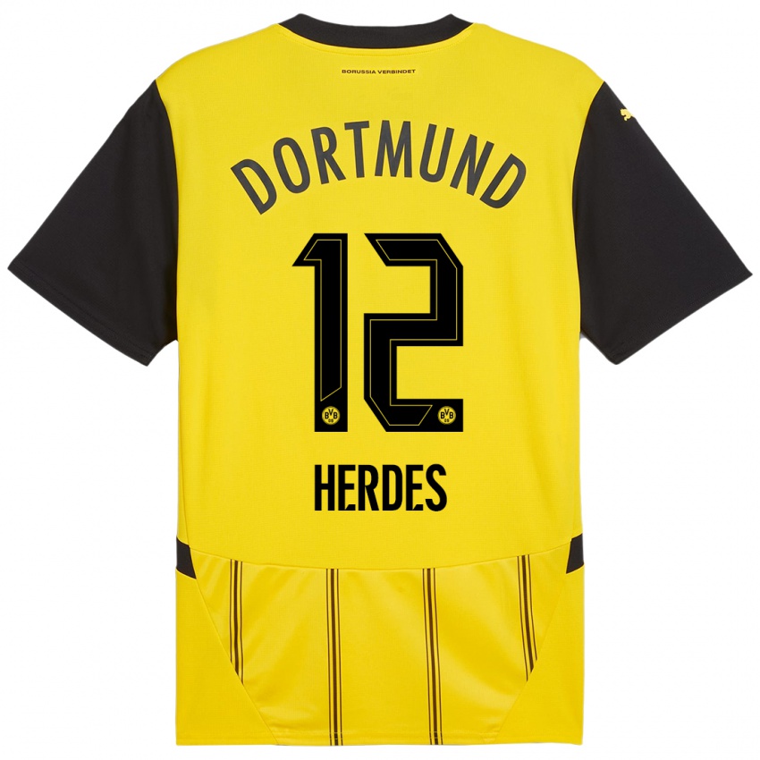 Enfant Maillot Leon Herdes #12 Jaune Noir Tenues Domicile 2024/25 T-Shirt Suisse