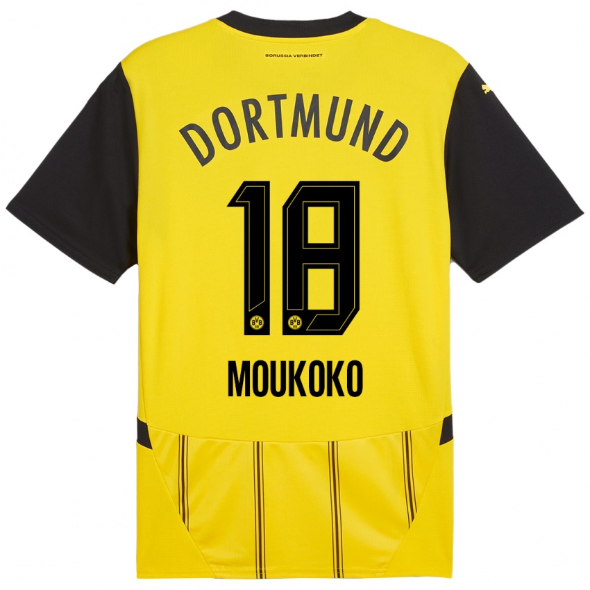 Homme Maillot Youssoufa Moukoko #18 Jaune Noir Tenues Domicile 2024/25 T-Shirt Suisse