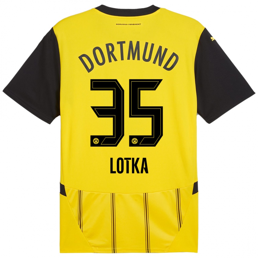 Homme Maillot Marcel Lotka #35 Jaune Noir Tenues Domicile 2024/25 T-Shirt Suisse