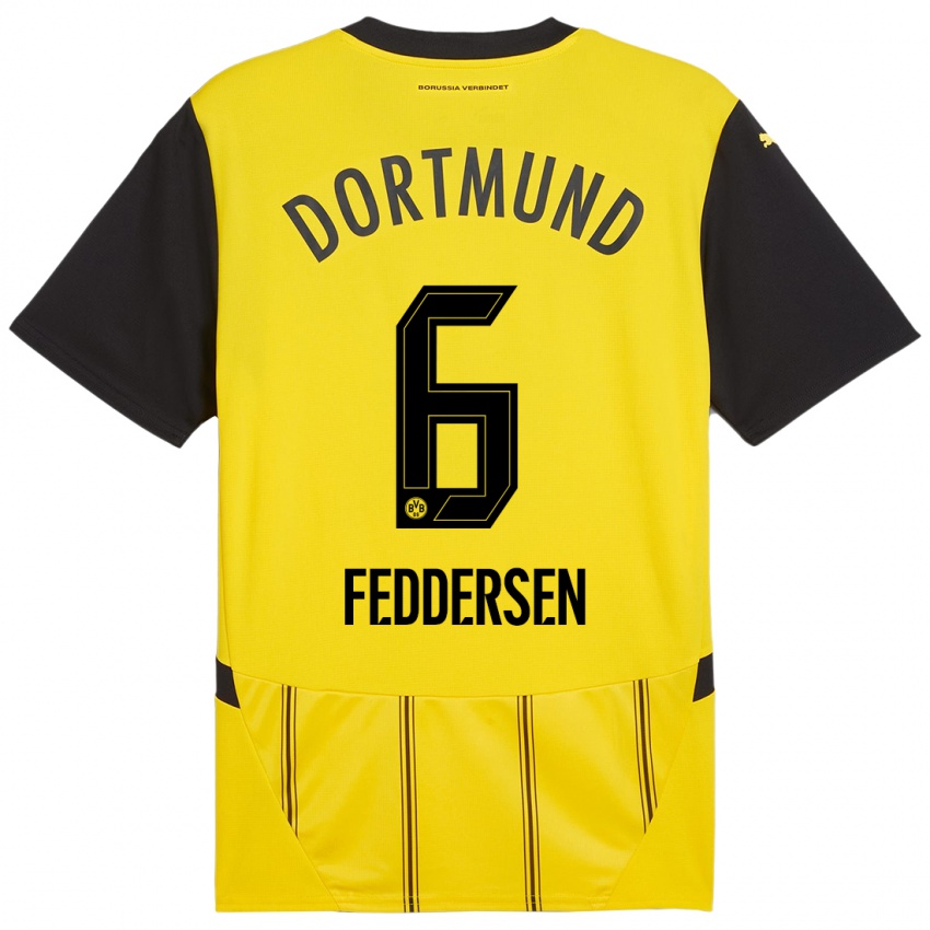 Homme Maillot Jonas Feddersen #6 Jaune Noir Tenues Domicile 2024/25 T-Shirt Suisse