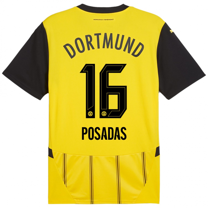 Homme Maillot Leonardo Posadas #16 Jaune Noir Tenues Domicile 2024/25 T-Shirt Suisse