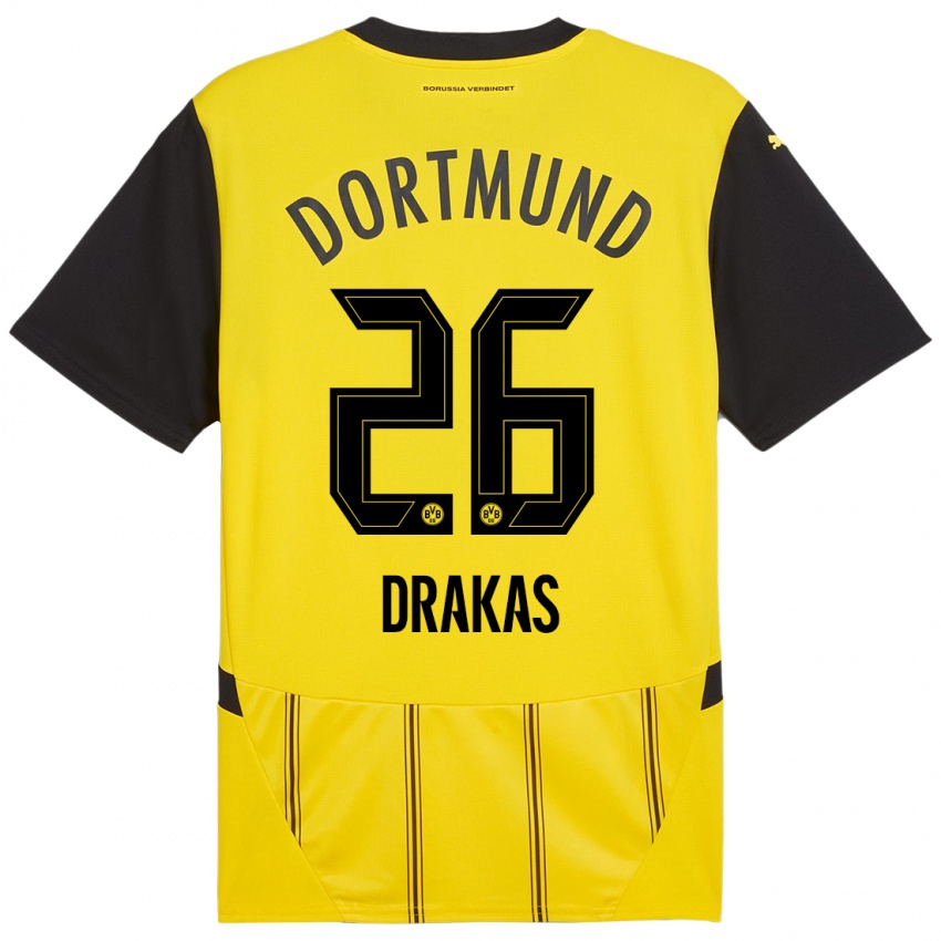 Homme Maillot Babis Drakas #26 Jaune Noir Tenues Domicile 2024/25 T-Shirt Suisse