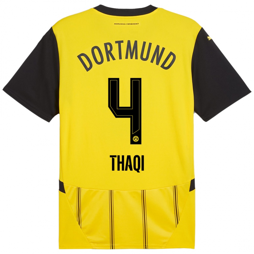 Homme Maillot Albin Thaqi #4 Jaune Noir Tenues Domicile 2024/25 T-Shirt Suisse