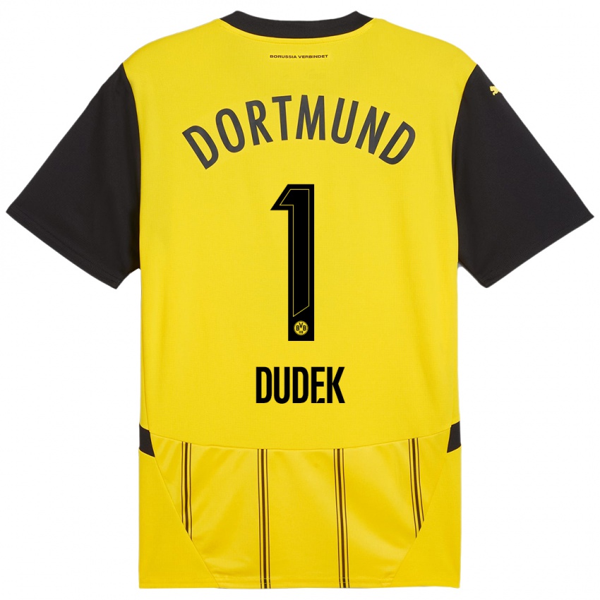 Homme Maillot Daniel Dudek #1 Jaune Noir Tenues Domicile 2024/25 T-Shirt Suisse