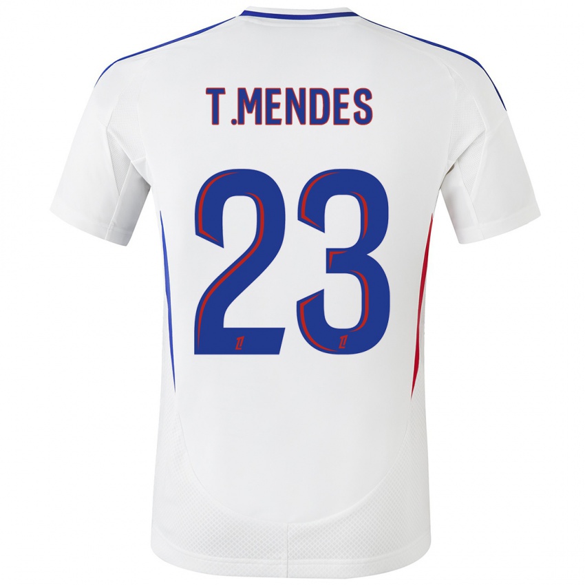 Homme Maillot Thiago Mendes #23 Blanc Bleu Tenues Domicile 2024/25 T-Shirt Suisse