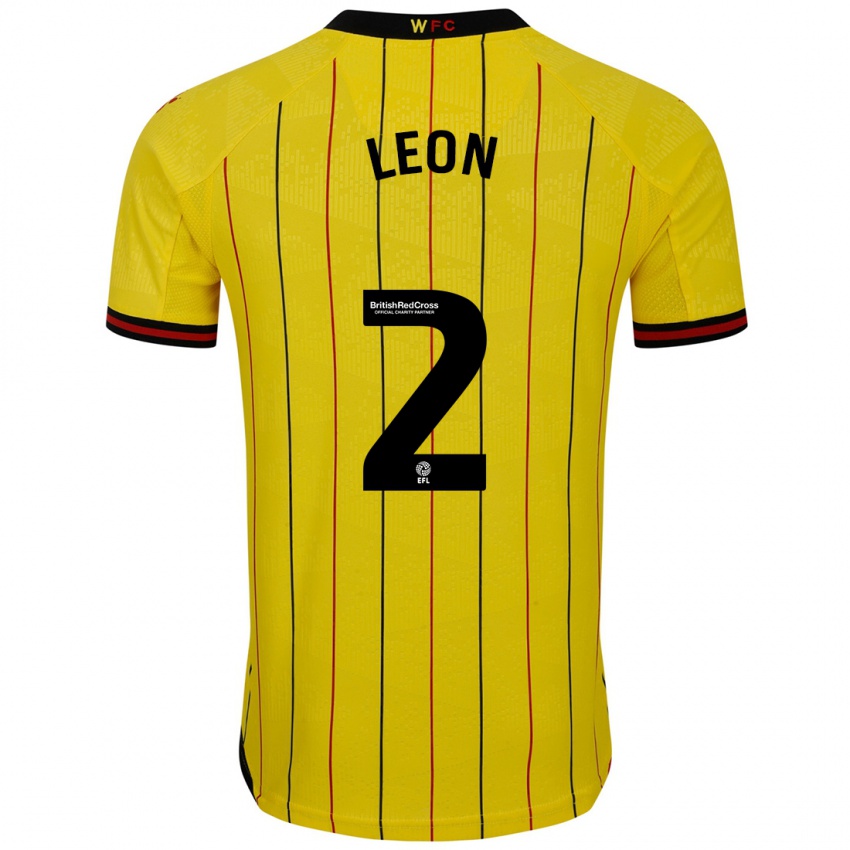 Homme Maillot Lucía León #2 Jaune Et Noir Tenues Domicile 2024/25 T-Shirt Suisse