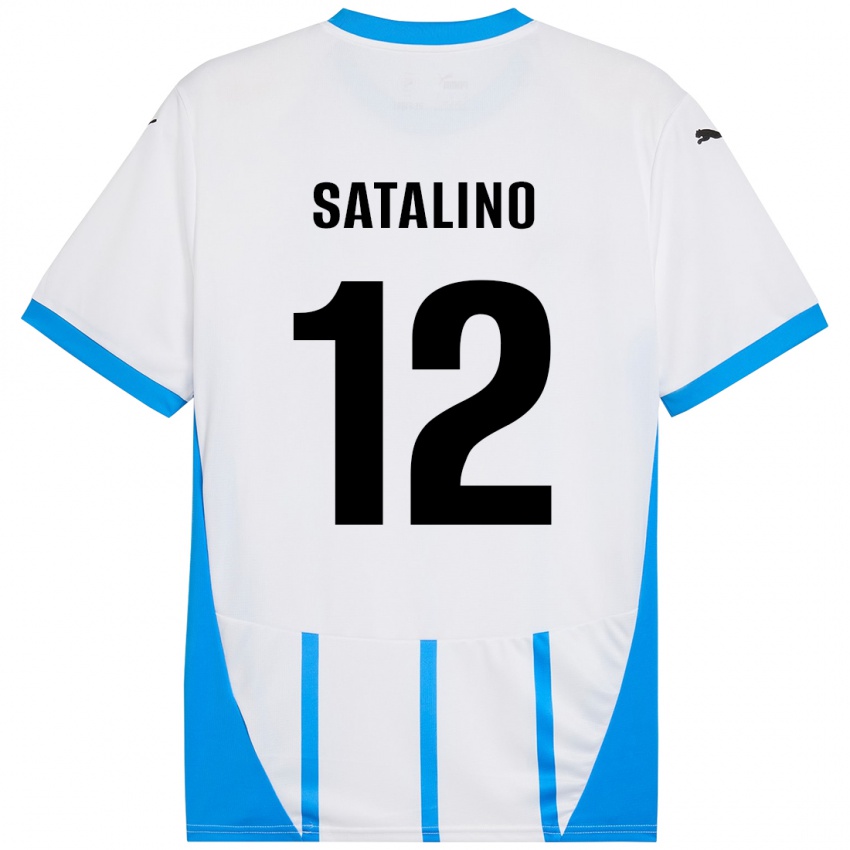 Enfant Maillot Giacomo Satalino #12 Blanc Bleu Tenues Extérieur 2024/25 T-Shirt Suisse