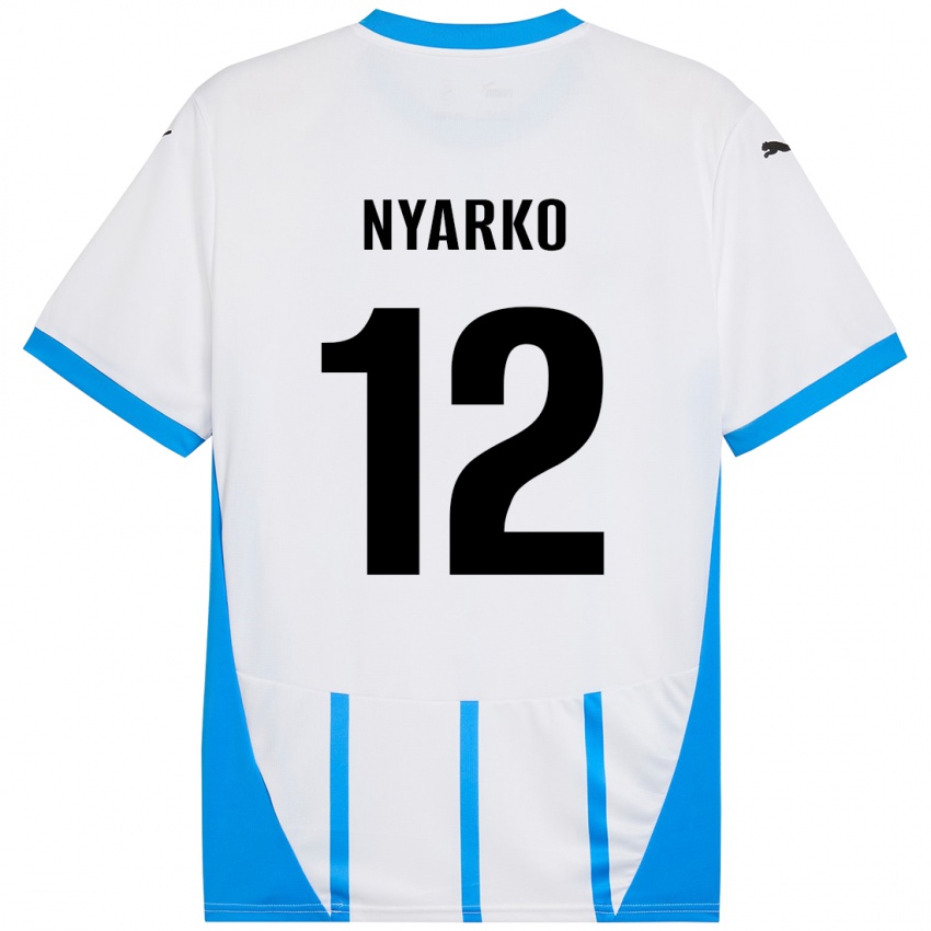 Enfant Maillot Lorenzo Nyarko #12 Blanc Bleu Tenues Extérieur 2024/25 T-Shirt Suisse