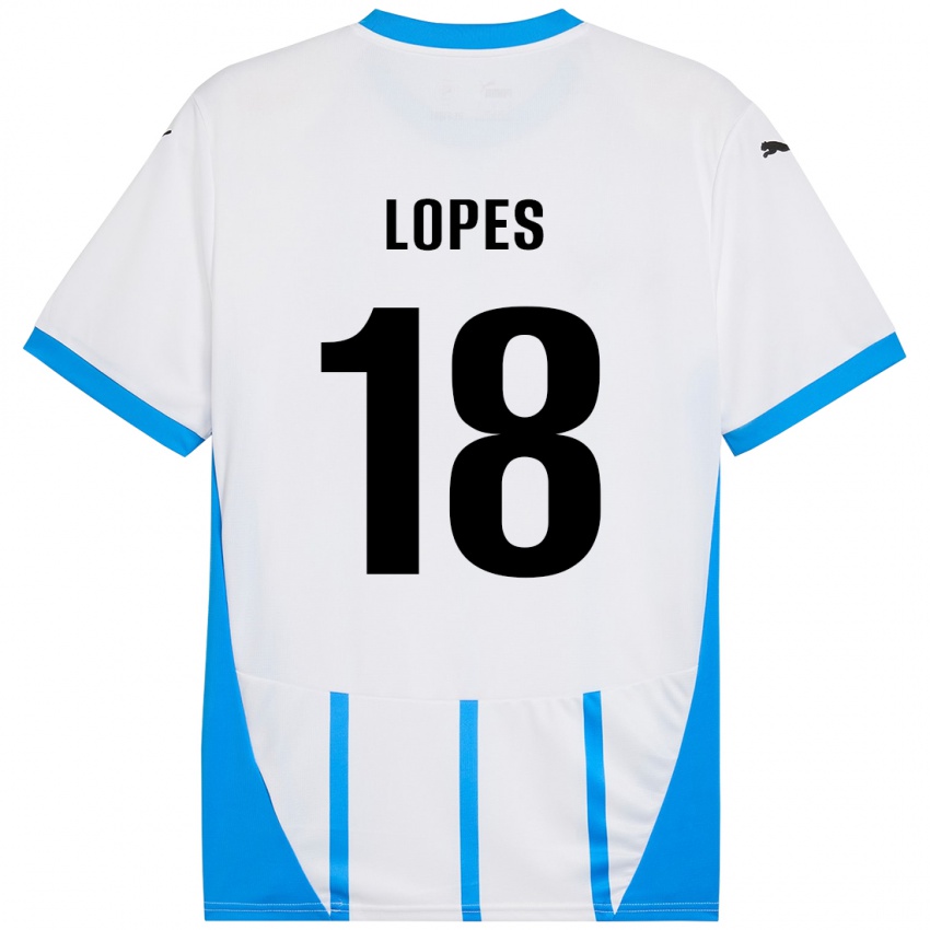 Enfant Maillot Emerick Lopes #18 Blanc Bleu Tenues Extérieur 2024/25 T-Shirt Suisse