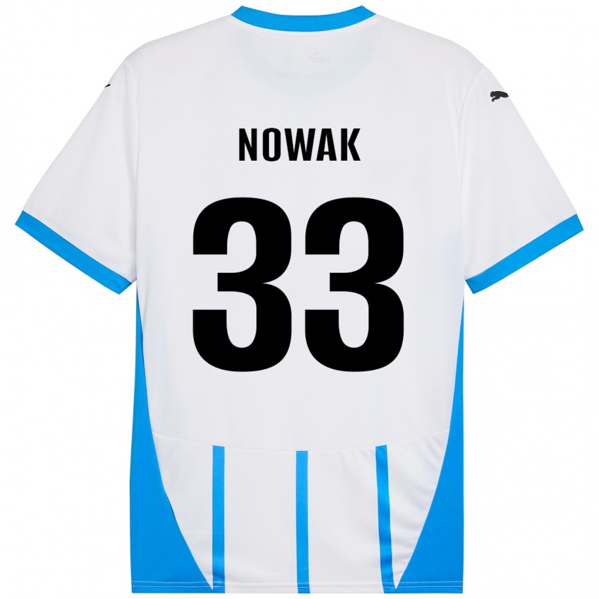 Enfant Maillot Julie Nowak #33 Blanc Bleu Tenues Extérieur 2024/25 T-Shirt Suisse