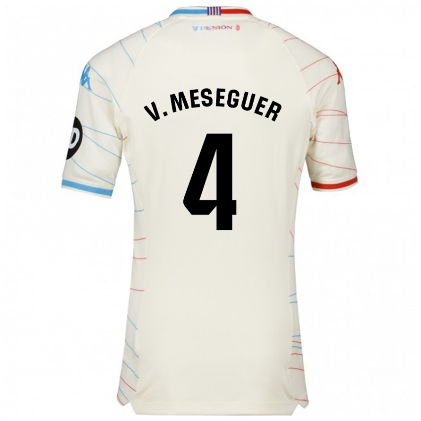 Enfant Maillot Víctor Meseguer #4 Blanc Rouge Bleu Tenues Extérieur 2024/25 T-Shirt Suisse