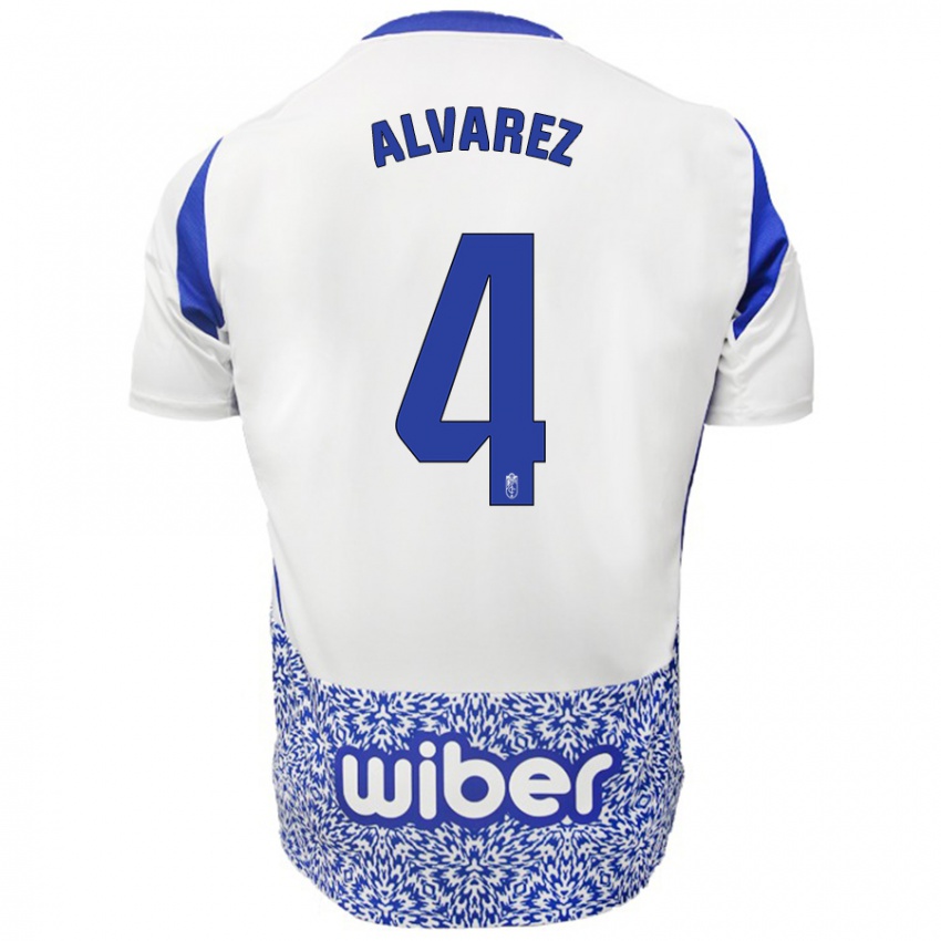 Enfant Maillot Isabel Álvarez #4 Blanc Bleu Tenues Extérieur 2024/25 T-Shirt Suisse