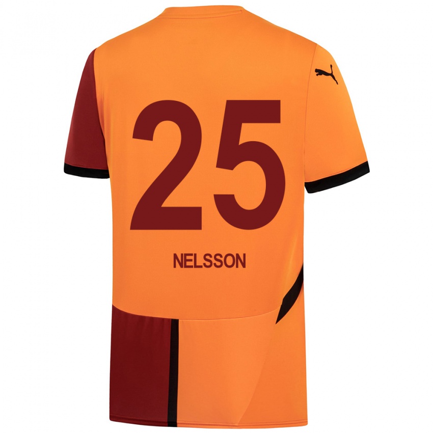 Homme Maillot Victor Nelsson #25 Jaune Rouge Tenues Domicile 2024/25 T-Shirt Suisse