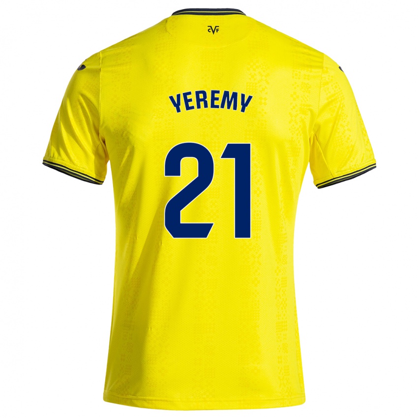 Femme Maillot Yéremy Pino #21 Jaune Noir Tenues Domicile 2024/25 T-Shirt Suisse