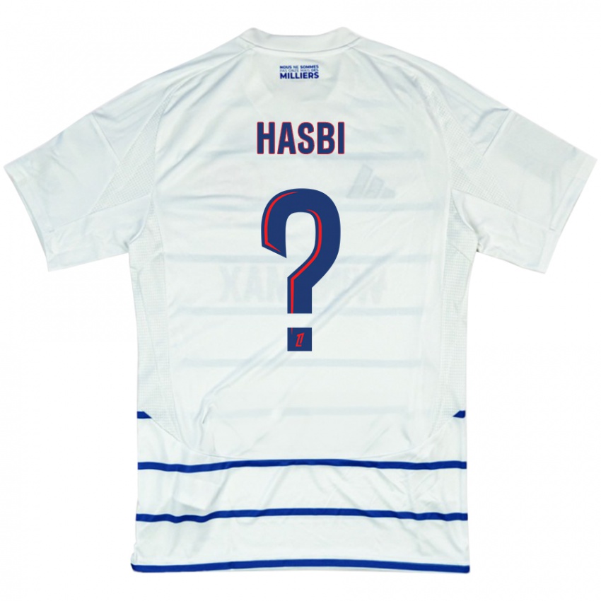 Femme Maillot Walid Hasbi #0 Blanc Bleu Tenues Extérieur 2024/25 T-Shirt Suisse