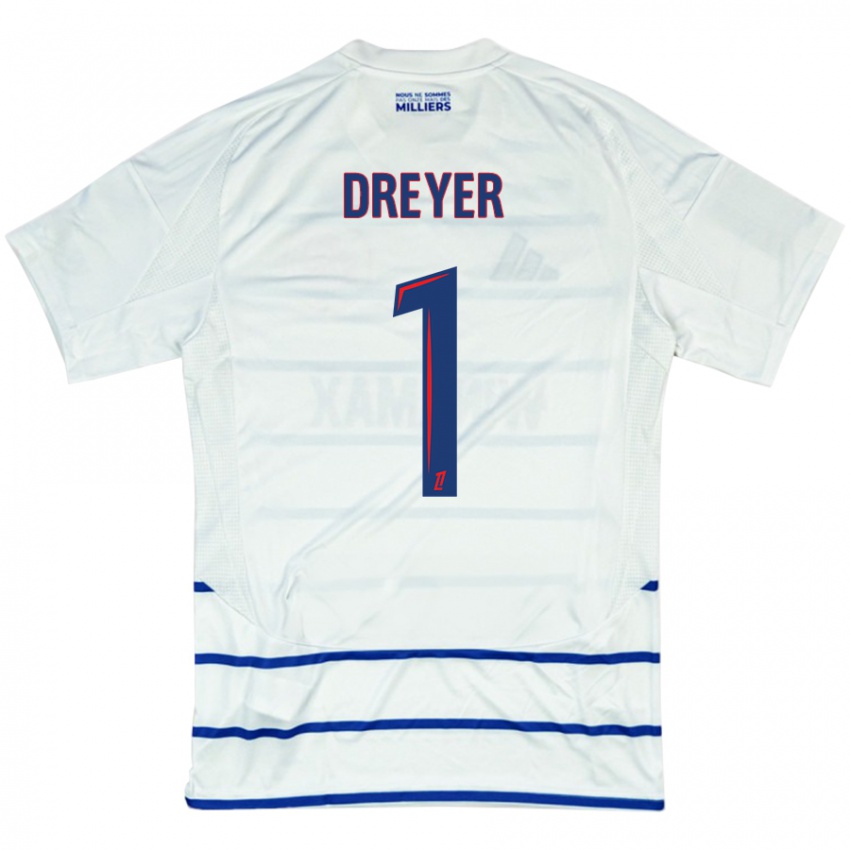 Femme Maillot Matthieu Dreyer #1 Blanc Bleu Tenues Extérieur 2024/25 T-Shirt Suisse