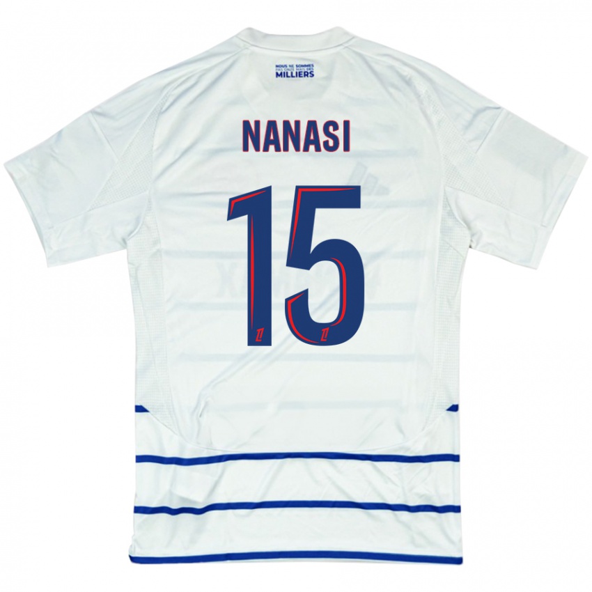 Femme Maillot Sebastian Nanasi #15 Blanc Bleu Tenues Extérieur 2024/25 T-Shirt Suisse