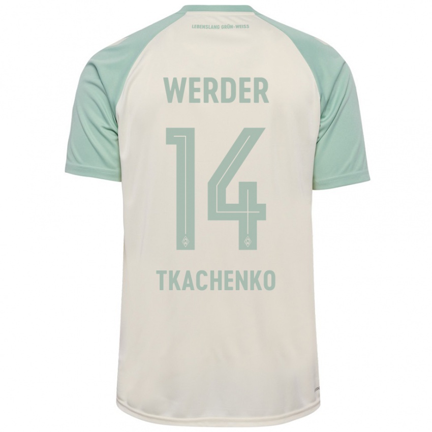 Enfant Maillot Oleksandr Tkachenko #14 Blanc Cassé Vert Clair Tenues Extérieur 2024/25 T-Shirt Suisse