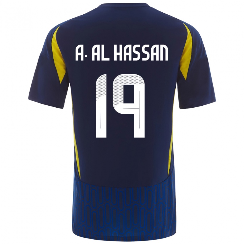 Enfant Maillot Ali Al-Hassan #19 Bleu Jaune Tenues Extérieur 2024/25 T-Shirt Suisse