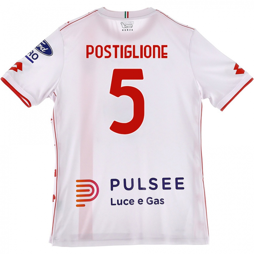 Enfant Maillot Nicolò Postiglione #5 Blanc Rouge Tenues Extérieur 2024/25 T-Shirt Suisse