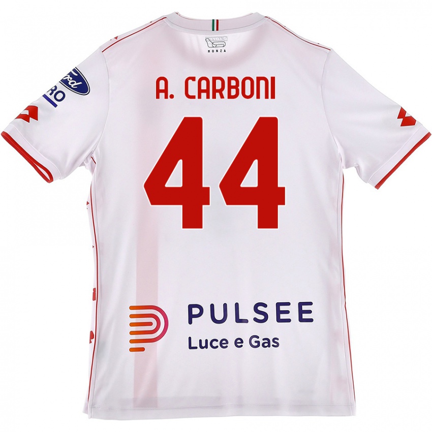 Femme Maillot Andrea Carboni #44 Blanc Rouge Tenues Extérieur 2024/25 T-Shirt Suisse